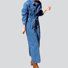 Pleated waistline long denim dress