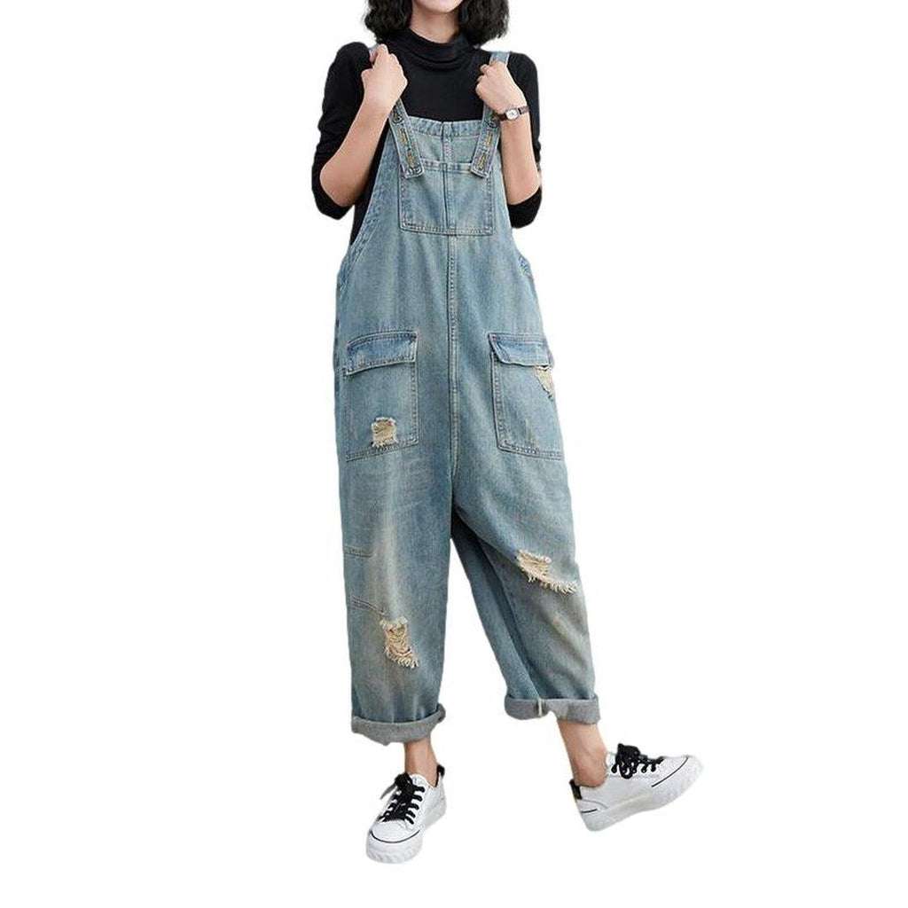 Flap pocket ripped denim overall