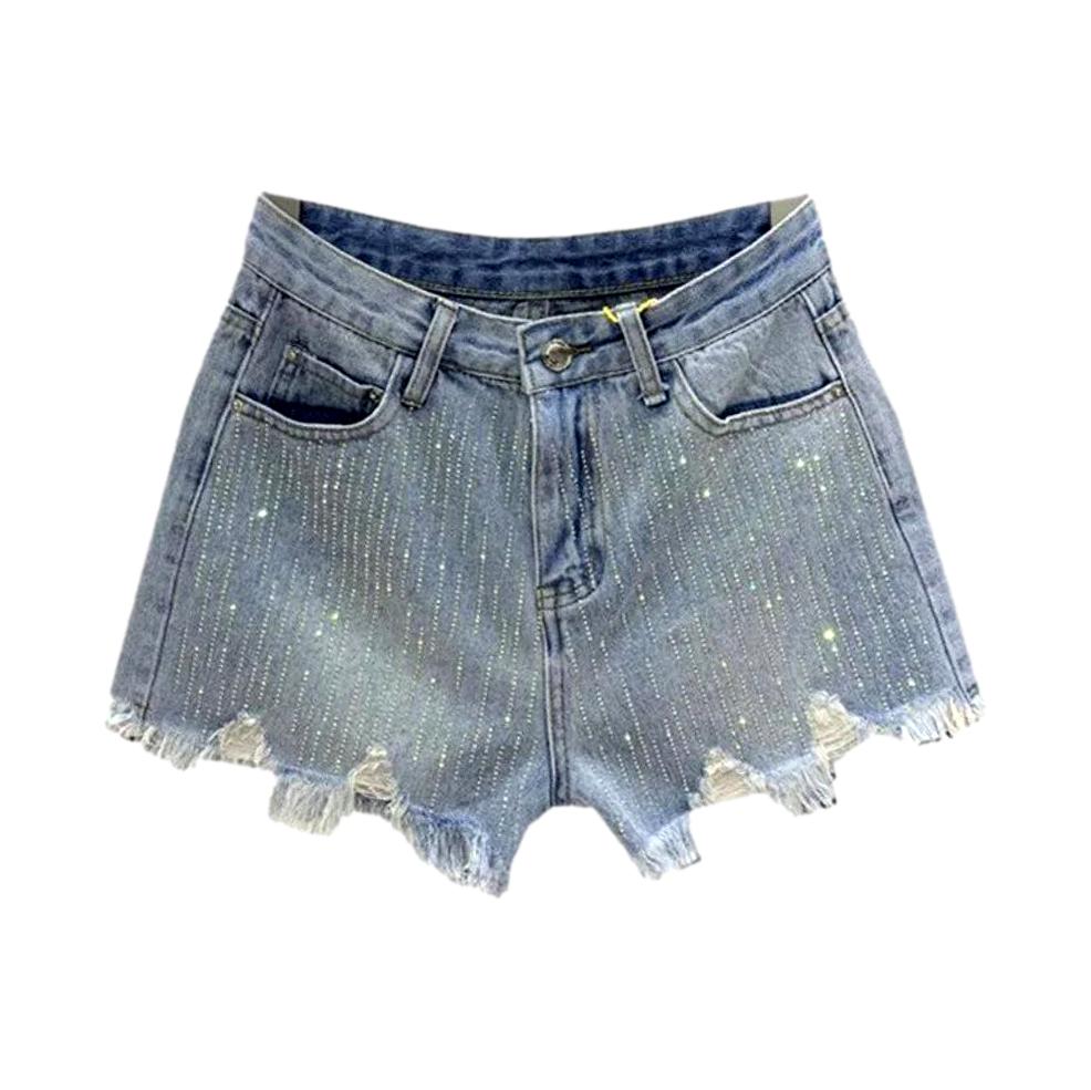 Vertical rhinestone stripes denim shorts