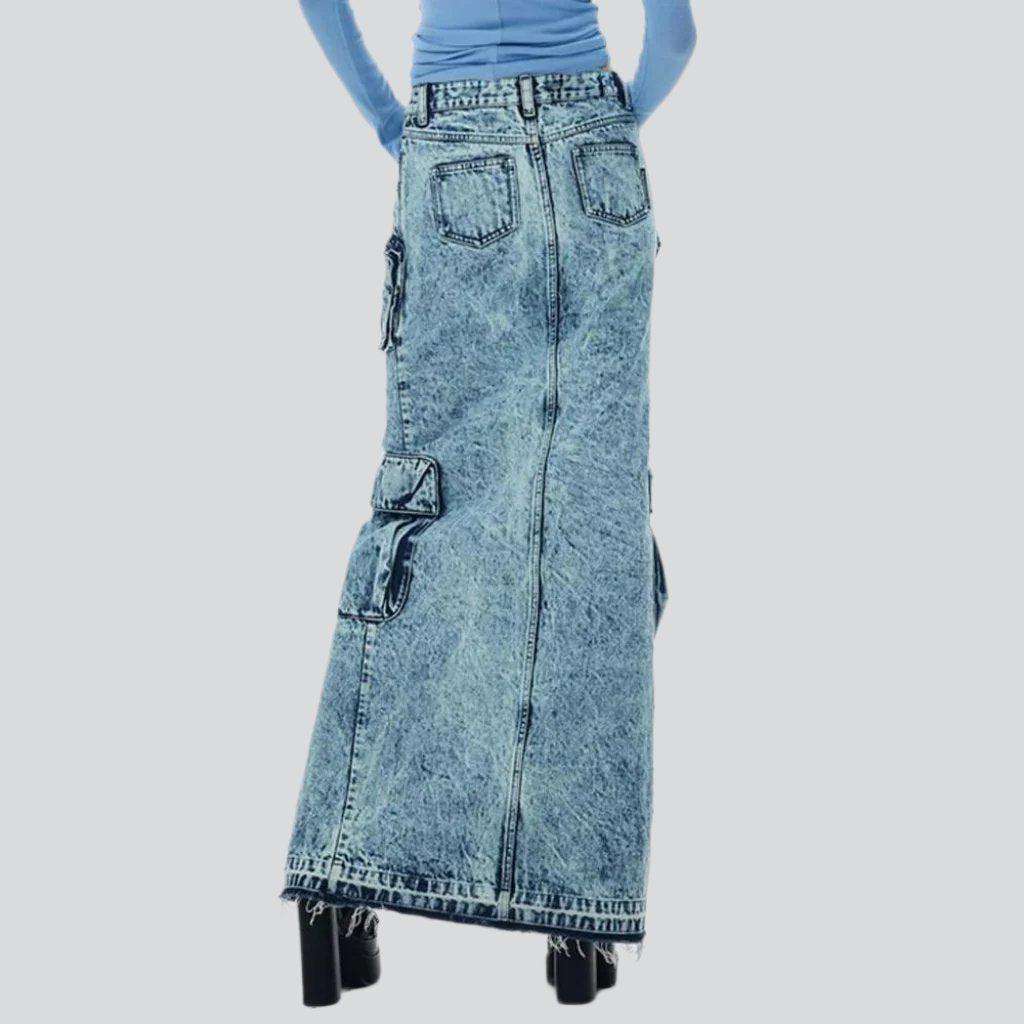 High-slit cargo denim skirt