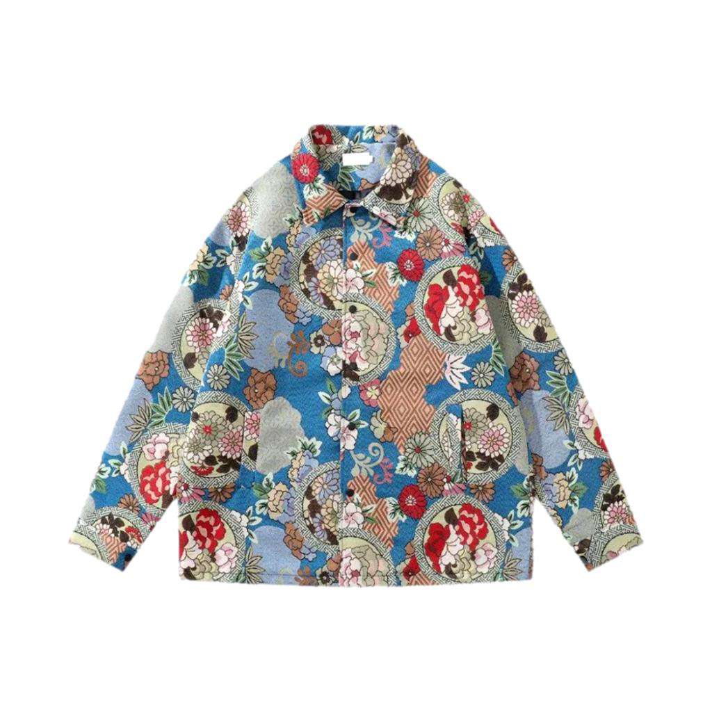 Flowery ornament print denim jacket