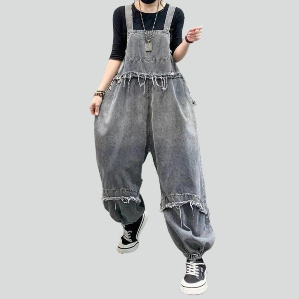 Distressed vintage patchwork denim jumpsuit