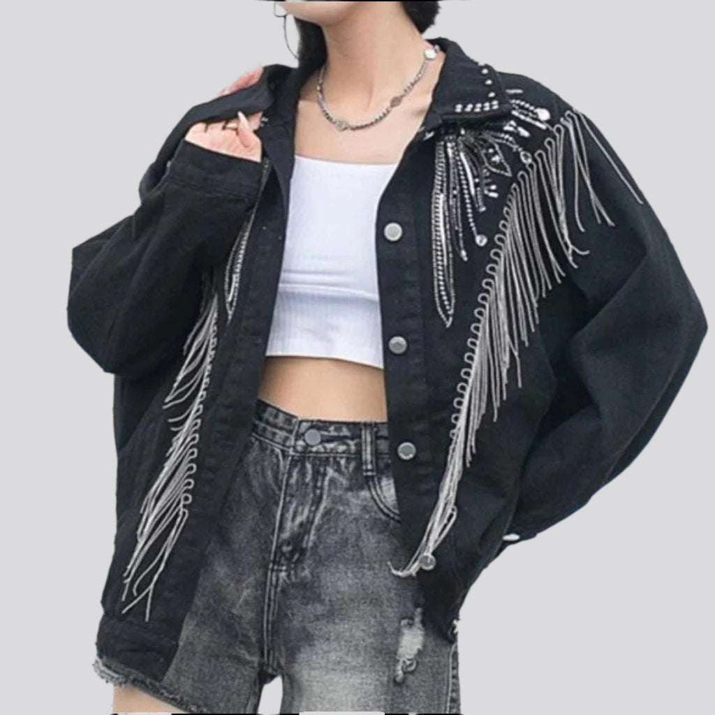 Schwarze Jeansjacke mit Fransen für Damen