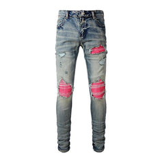 Rosa Patchwork-Jeans für Herren