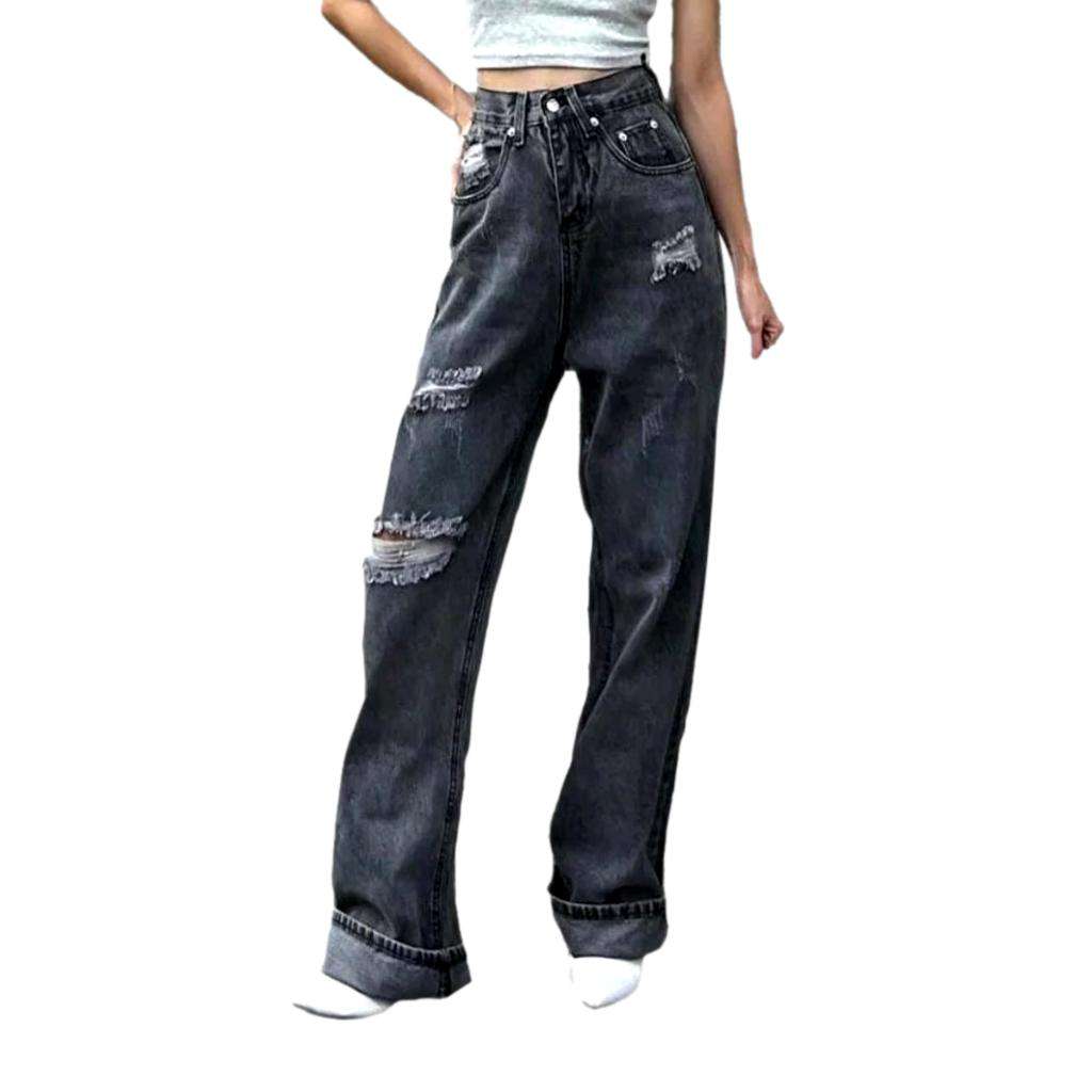 Grey distressed straight-leg jeans