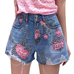 Rose print rhinestone denim shorts