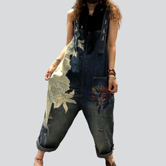 Side flower print denim dungaree