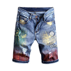 Graffiti paint embroidered denim shorts