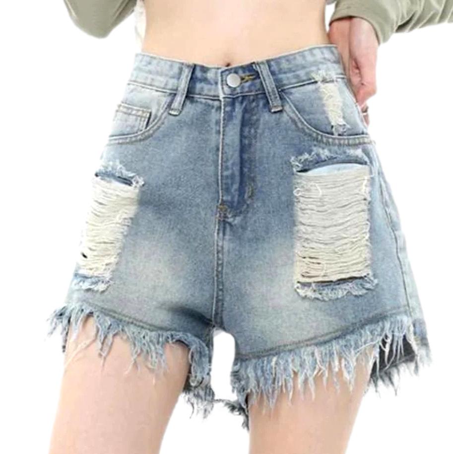 Wide-leg ripped women denim shorts