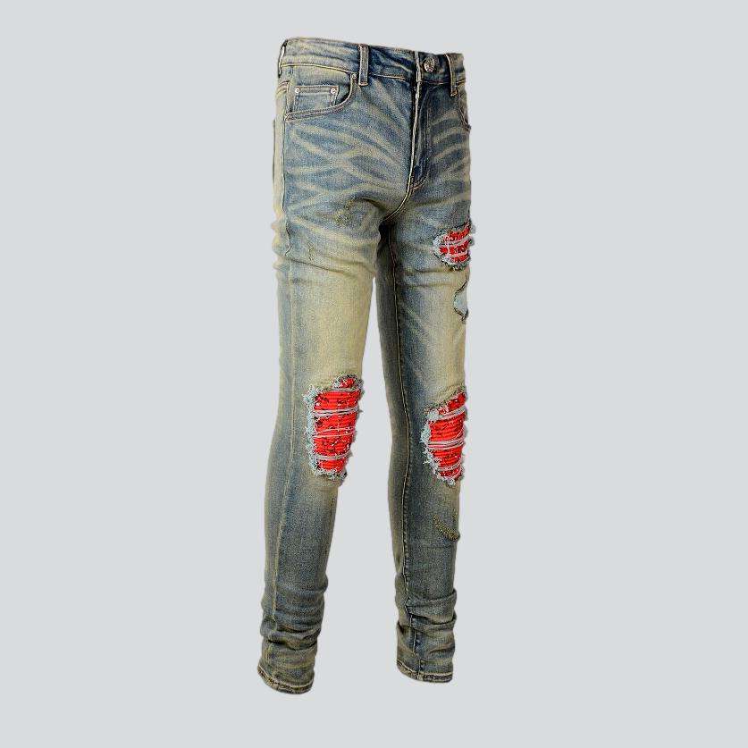 Cracked patch skinny men jeans