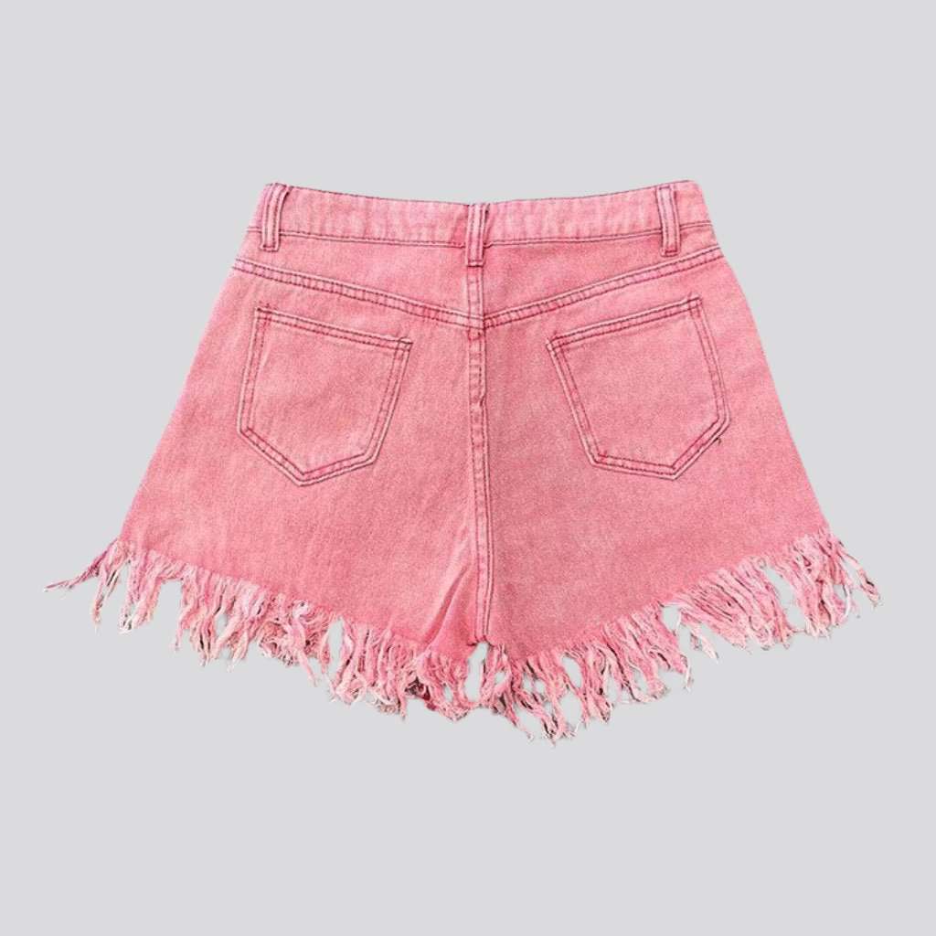 Fringe hem rhinestone denim shorts