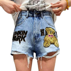 Shorts vaqueros con bordado de osito de peluche