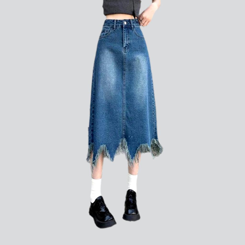 V-shape hem long denim skirt