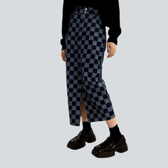 Checkered long denim skirt