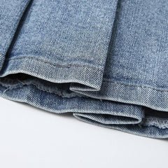 Pleated denim skirt with drawstrings