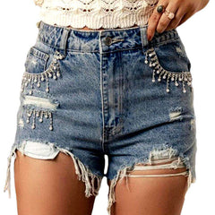 Distressed legs rhinestone denim shorts