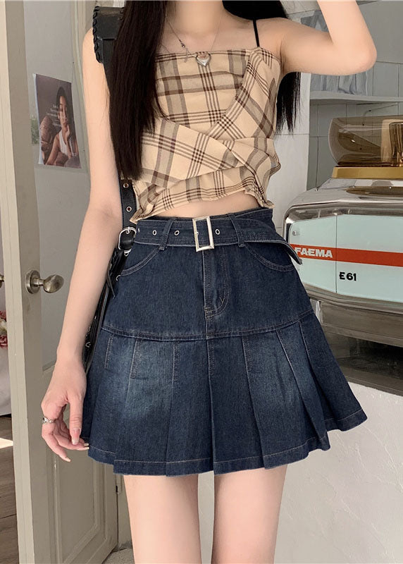 Sexy Black Grey High Waist Sashes Pockets Patchwork Cotton Denim Pleated Skirts