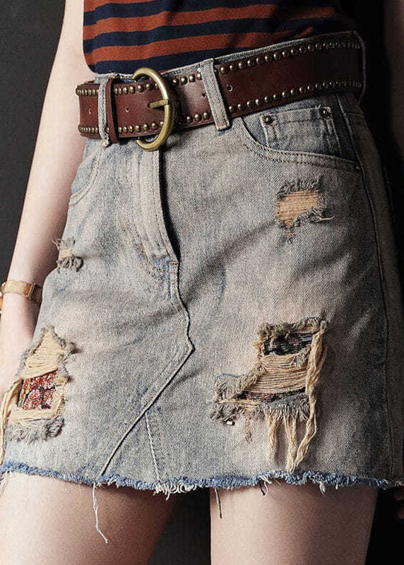 Sexy Grey High Waist Tassel Pockets Cotton Denim Ripped Skirts