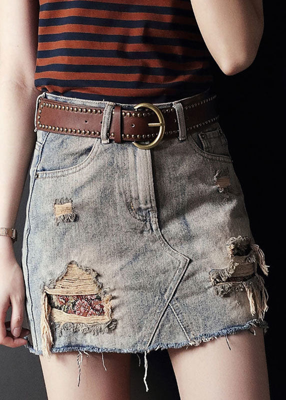 Sexy Grey High Waist Tassel Pockets Cotton Denim Ripped Skirts