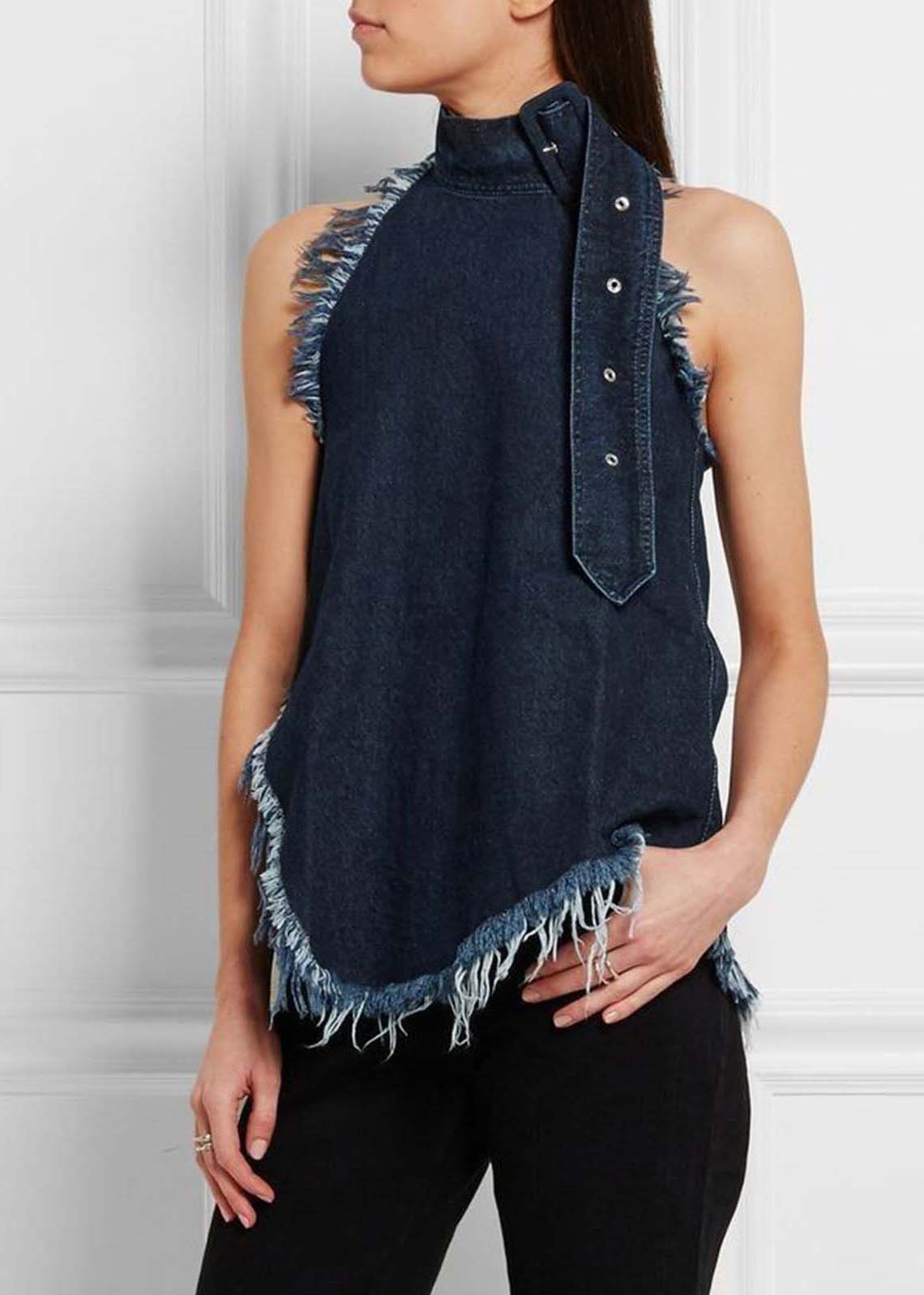 Sexy Navy Stand Collar Tassel Denim Vests Sleeveless