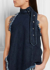 Sexy Navy Stand Collar Tassel Denim Vests Sleeveless