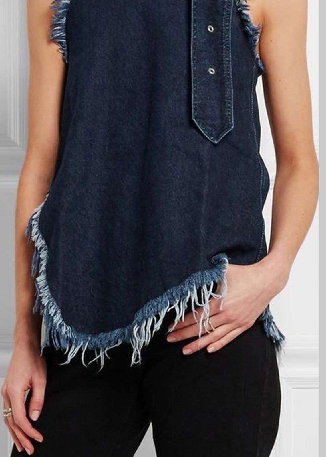 Sexy Navy Stand Collar Tassel Denim Vests Sleeveless