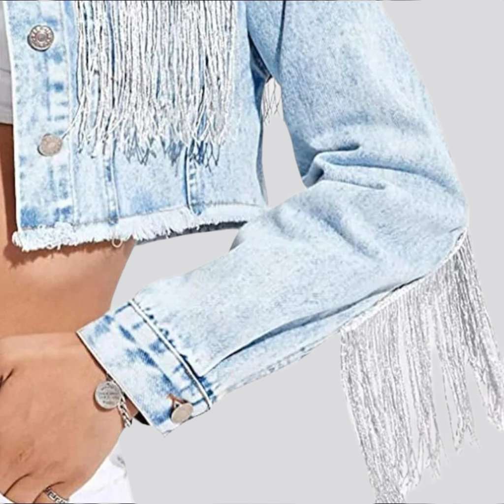 Fringe cropped women denim jacket