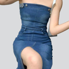 Slit strapless denim dress