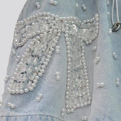 Pearl ornament embellished denim shorts