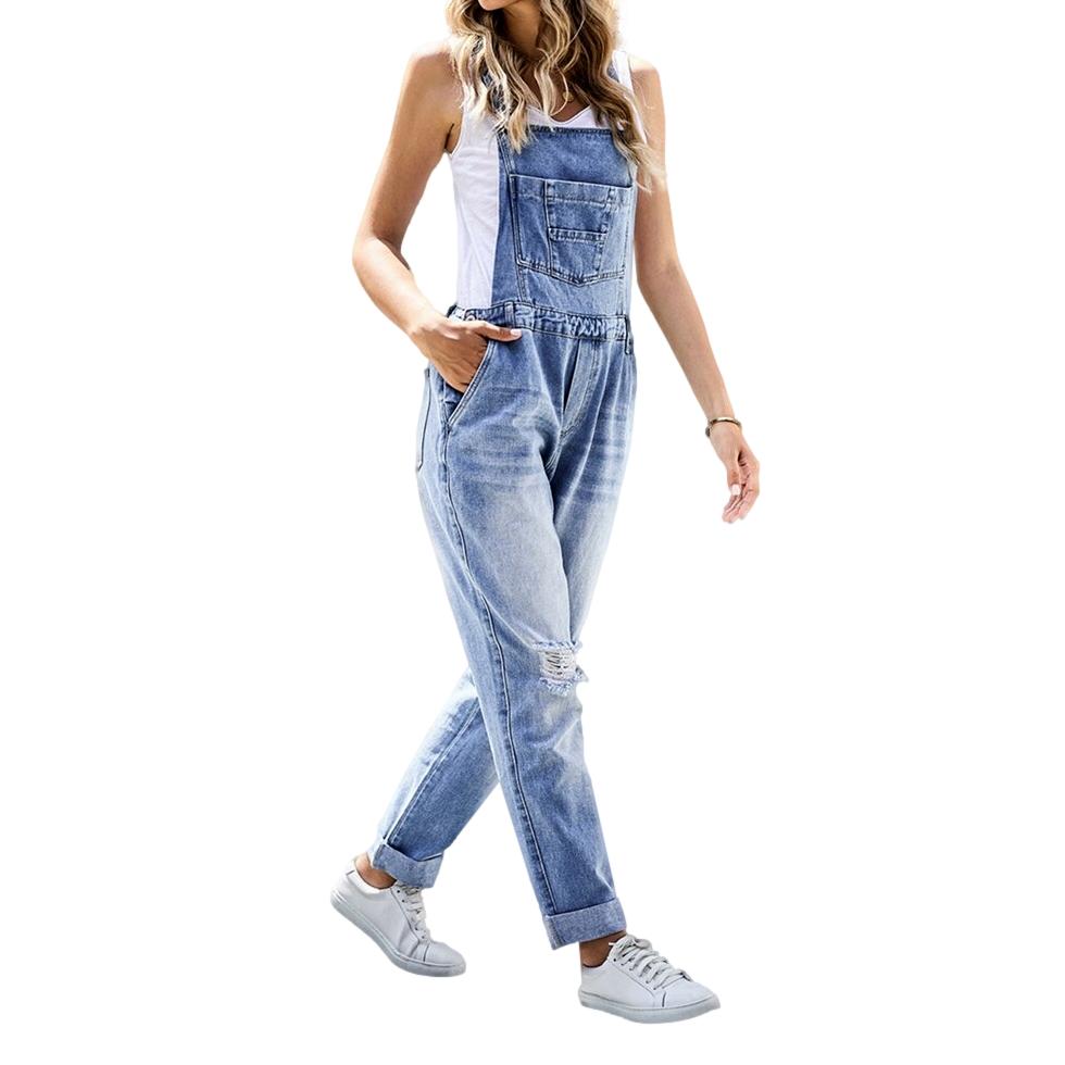 Ripped knees women denim jumpsuit