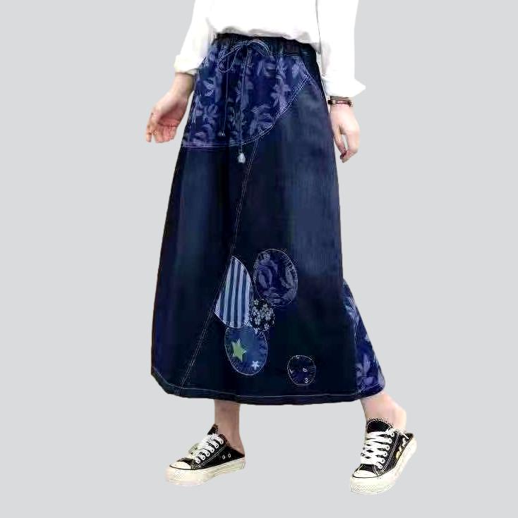 Painted patchwork maxi jean skirt