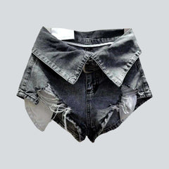 Collar waistband distressed denim shorts