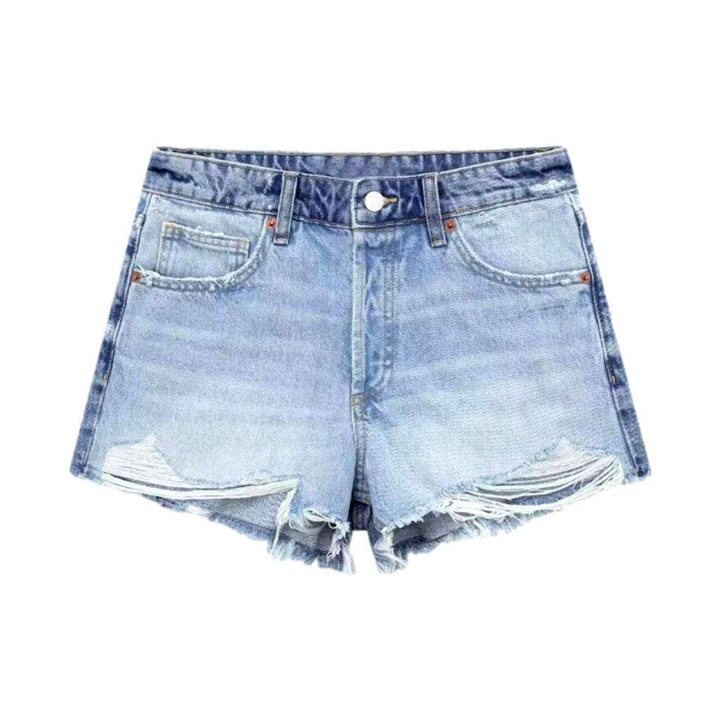 High-waist distressed denim shorts