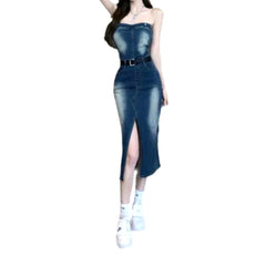 Slit sanded strapless denim dress