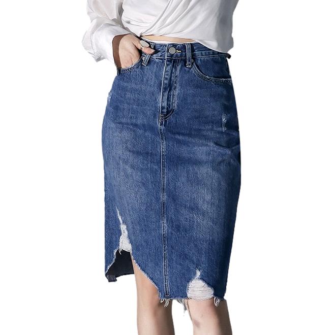 Distressed hem midi jean skirt