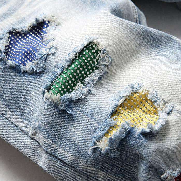 Color-embellished patchwork men jeans