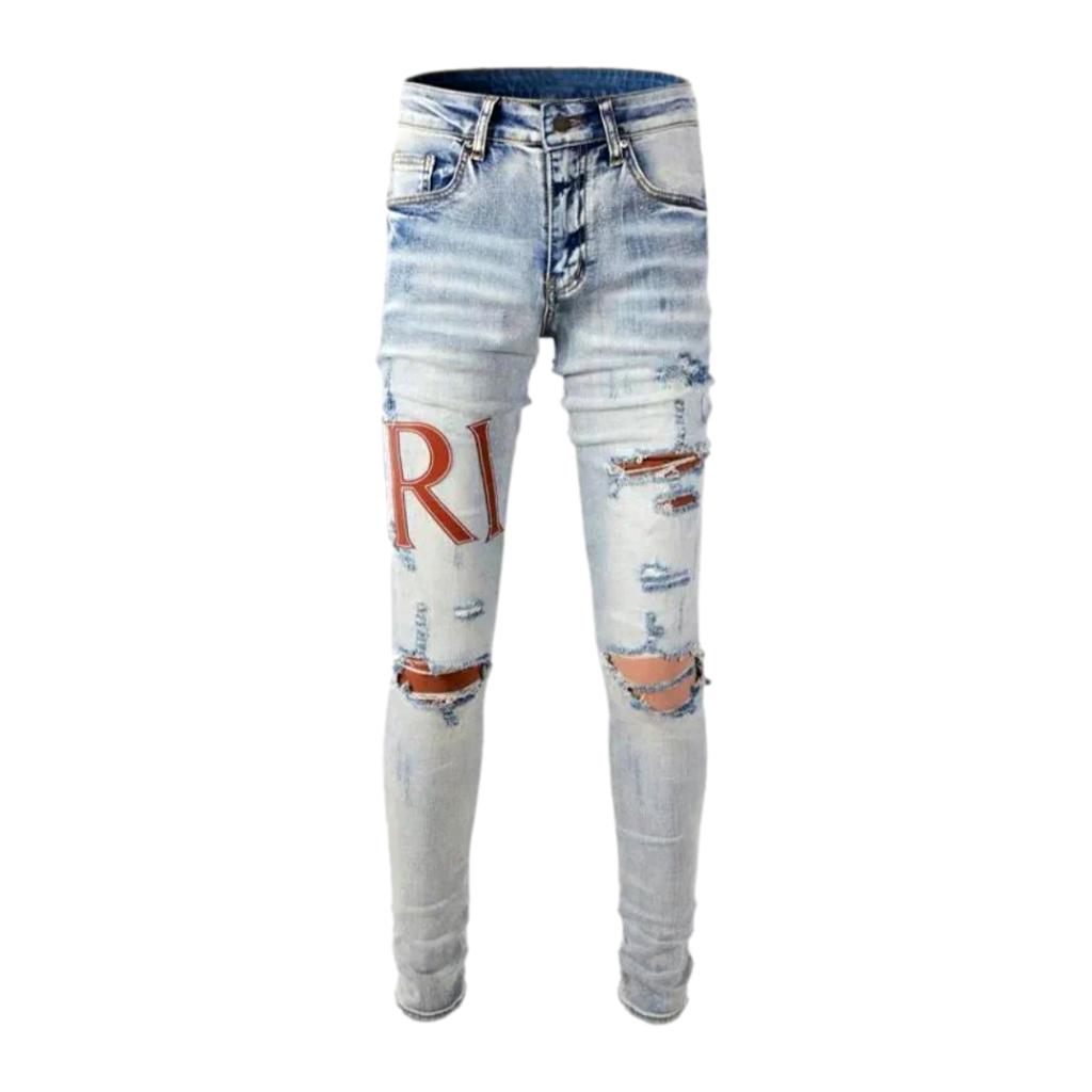 Distressed jeans with letters