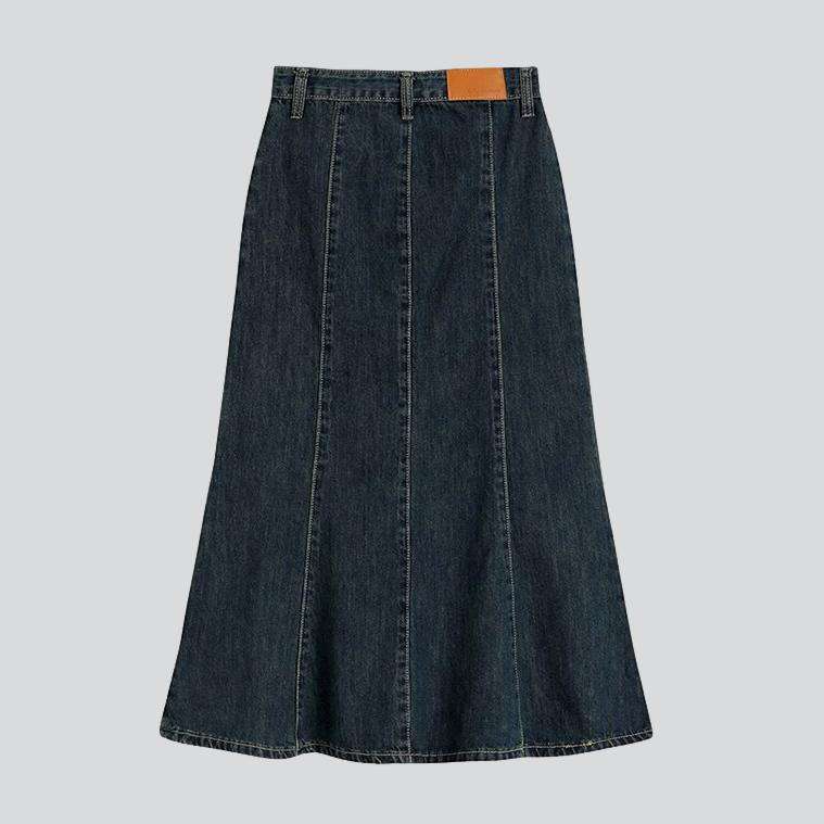 Front seams long denim skirt