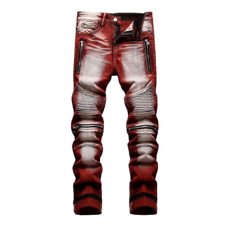 Bleach wash color biker jeans