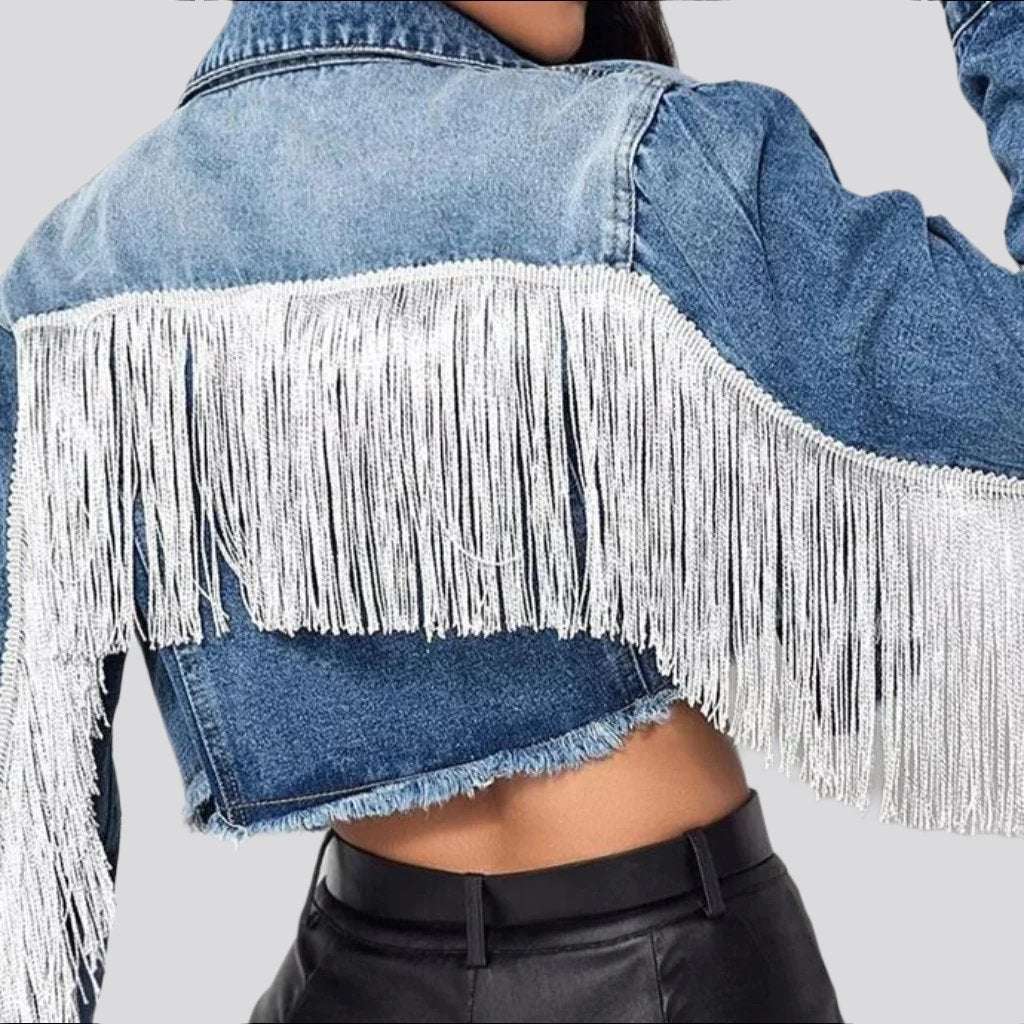 Fringe cropped women denim jacket