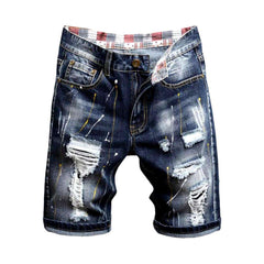 Dunkel bemalte Distressed-Jeansshorts