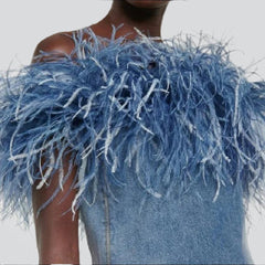 Strapless denim dress with feathers