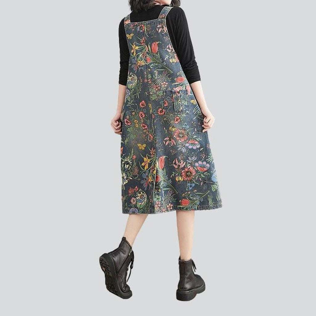 Flower-painted urban denim dress