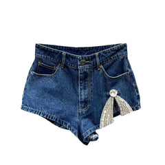 Embroidered slit women denim shorts