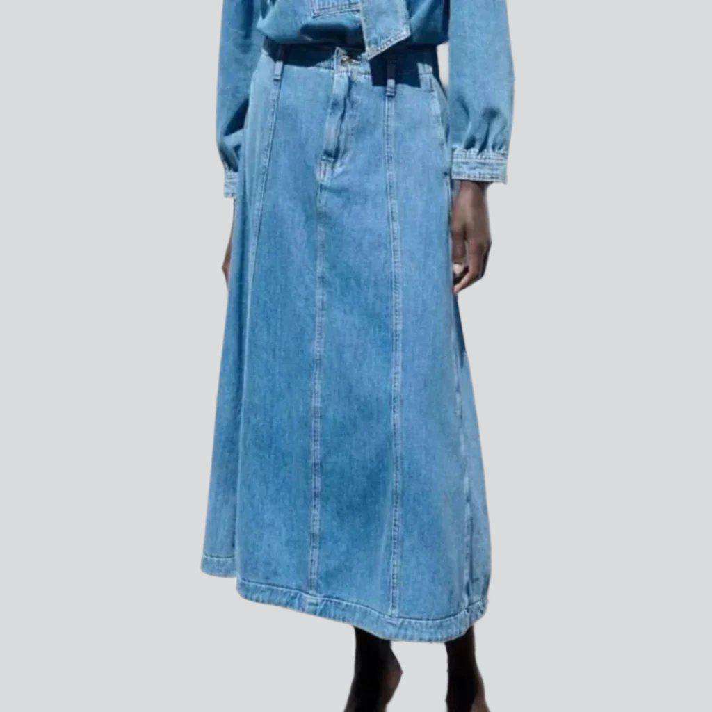 Long denim skirt with seams