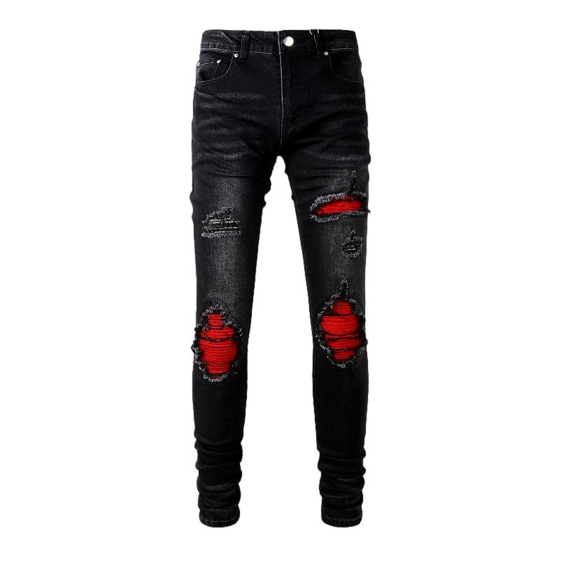 Red patch men biker jeans