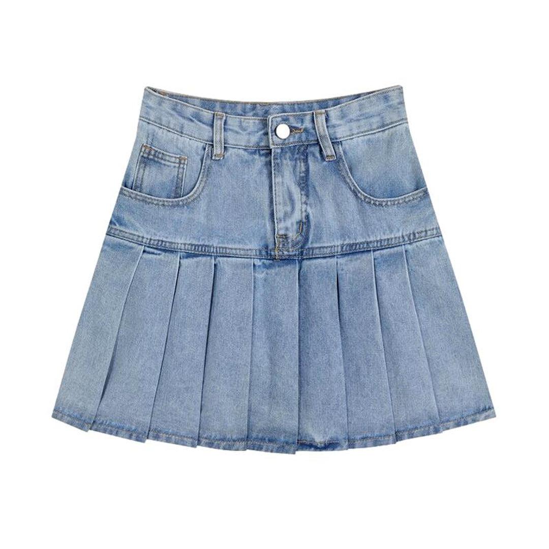 Pleated mini jean skirt