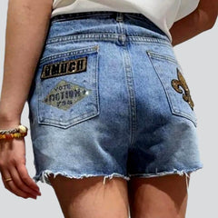 Teddy bear embroidery denim shorts