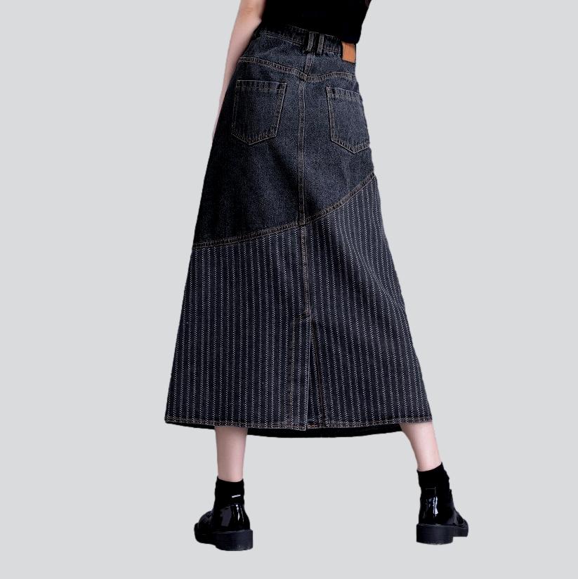 Striped patchwork long denim skirt