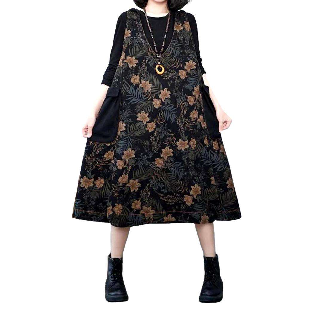 Flower print black denim dress